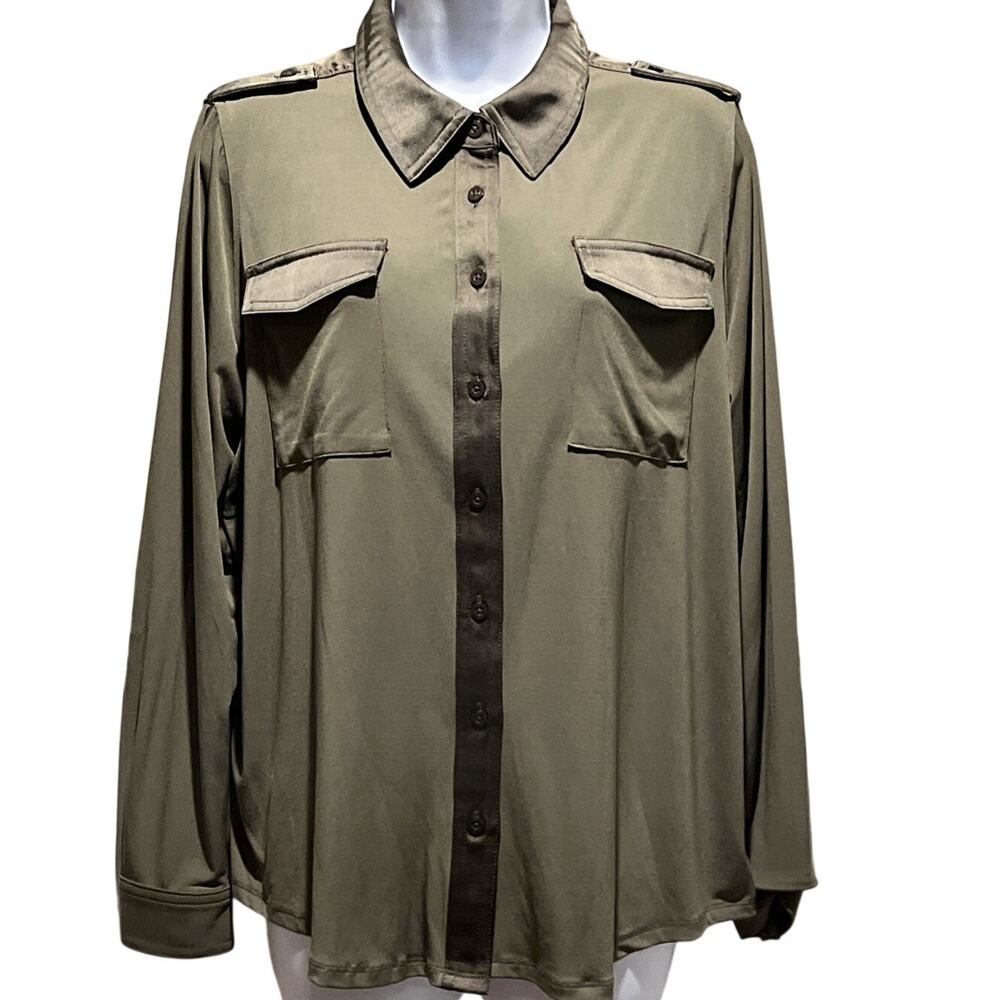 Calvin Klein Women’s M Army Green Button Up Stretch Blouse Collar Pockets
